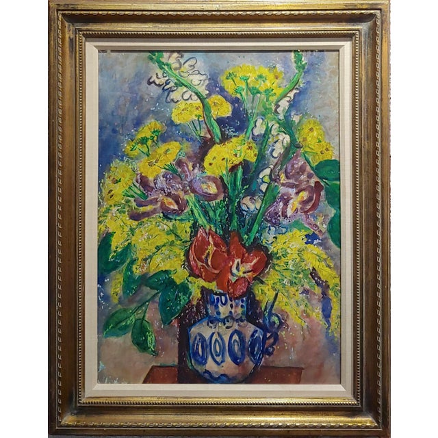 Pauline Polk -Still Life of Red & Yellow Flowers in a Blue Vase- Painting Watercolor Painting on Paper -Signed underglass...