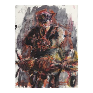 Abstract Expressionist Tempera on Paper Figurative -- The Pilot and His Plane by Jean Kellogg For Sale