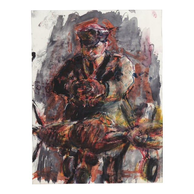 Abstract Expressionist Tempera on Paper Figurative -- The Pilot and His Plane by Jean Kellogg For Sale