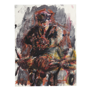 Abstract Expressionist Tempera on Paper Figurative -- The Pilot and His Plane by Jean Kellogg