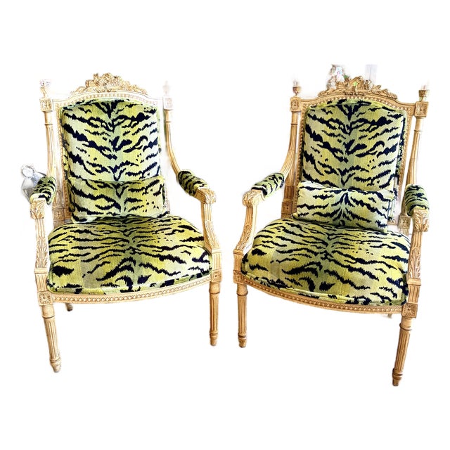 19th Century Louis XVI Style French Chairs With Scalamandre Le Tigre Fabric - A Pair For Sale