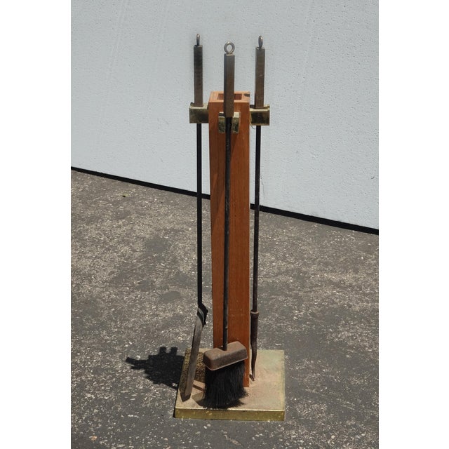 French Country Vintage French Country Set of Three Fireplace Tools W Wood Stand For Sale - Image 3 of 9