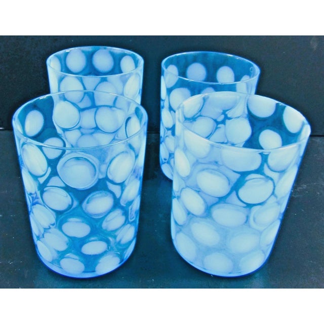 Vintage Fenton Blue Opalescent Coin Spot Glass Pitcher and 4 Tumblers Set For Sale - Image 14 of 17