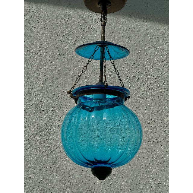 1950s Vintage Turquoise Blue Hundi Lantern, Electrified With Canopy For Sale - Image 5 of 7