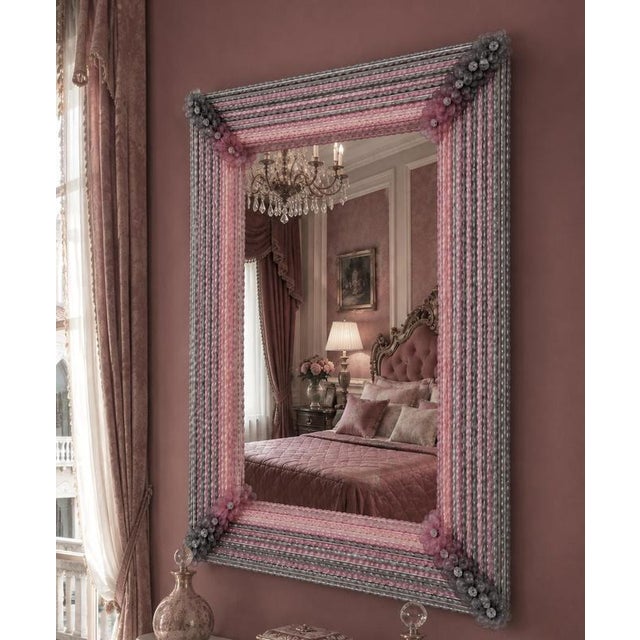 Glass Venetian Rectangular Pink and Grey Murano Glass Mirror, 1970 For Sale - Image 7 of 13
