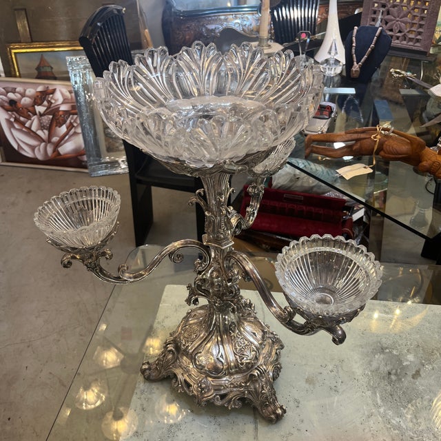 Late 19th Century Sheffield Silverplate Epergne Cut Crystal Bowl Candelabrum Candelabra For Sale In Miami - Image 6 of 12
