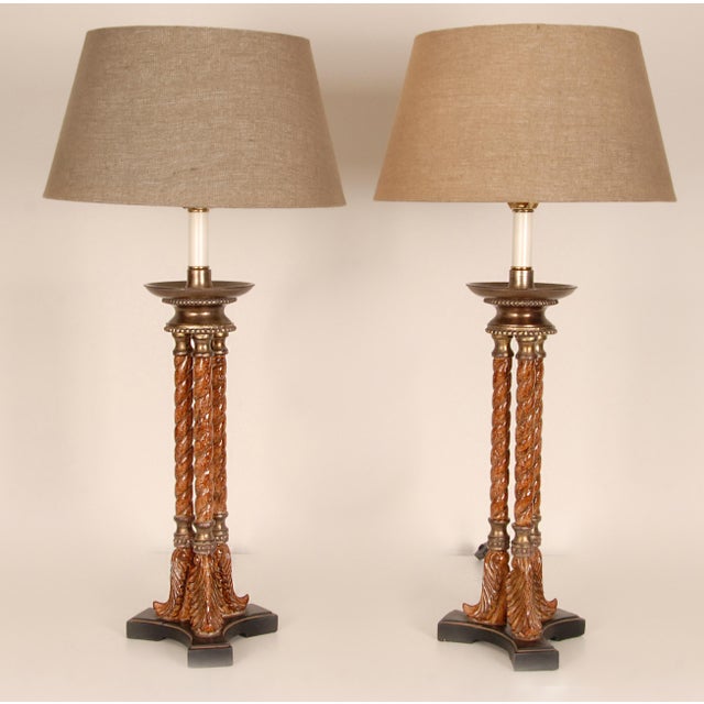 1990s Vintage Italian Lamps Neoclassical Column Lamps Turned Burl Wood Table Lamps - A Pair For Sale - Image 5 of 9