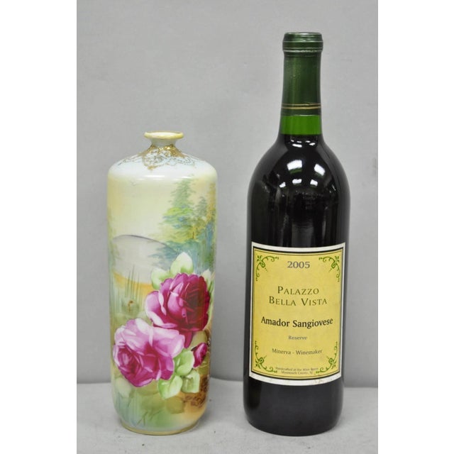 Antique Nippon Hand Painted Pink Rose & Lake Scene Small Porcelain Cylinder Vase. Circa Early 20th Century. Measurements:...