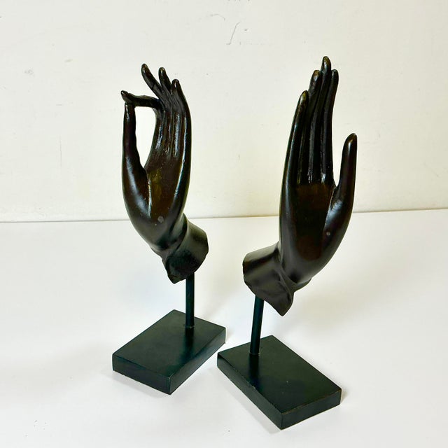 Mid-Century Asian Boho Chic Cast Metal Buddha Hand Sculpture - Set of 2. For Sale - Image 10 of 13