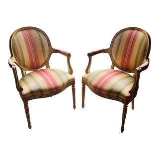 Pair of Vintage French Style Upholstered Bergere Armchairs by Hickory For Sale