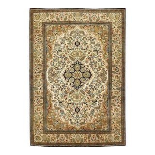 1940s Small Ivory Islimi Medallion Antique Isfahan Silk Handknotted Wool Rug For Sale