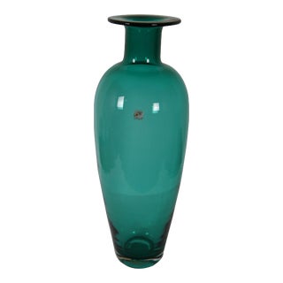 Vintage Blenko Emerald Green Teal Hand Blown Art Glass Vase For Sale