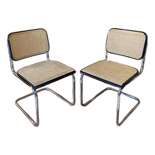 1988 Thonet Classic Breuer Side Chairs – Natural Cane, 410 Black Enamel – Pair For Sale