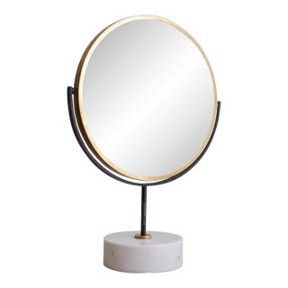 Italian Round Brass Vanity Mirror with Marble Base, 1950s For Sale