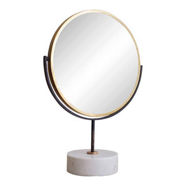 Italian Round Brass Vanity Mirror with Marble Base, 1950s For Sale