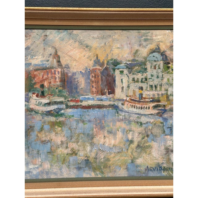 Arvidsson, Waterfront Cityscape, 1950s, Oil Painting on Panel, Framed For Sale - Image 4 of 15