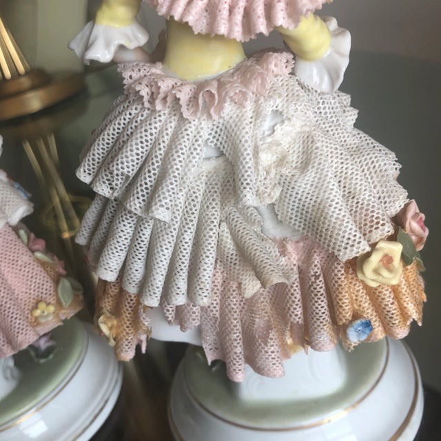 1940s Female Porcelain Figurines With Dresden Lace - a Pair For Sale - Image 4 of 10