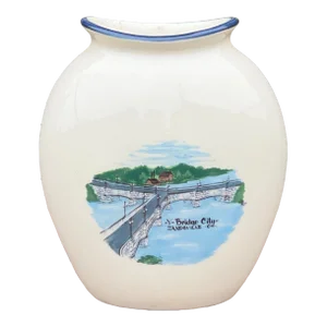 Vintage Buckeye Stoneware Vase Featuring a Hand-Painted Depiction of “ Y Bridge City Zanesville, Ohio “