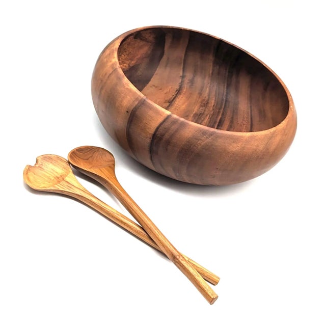 Mid 20th Century Mid 20th Century Monkey Pod Wood Bowl and Teak Wood Salad Serving Utensils, Set of 3 Pieces For Sale - Image 5 of 10