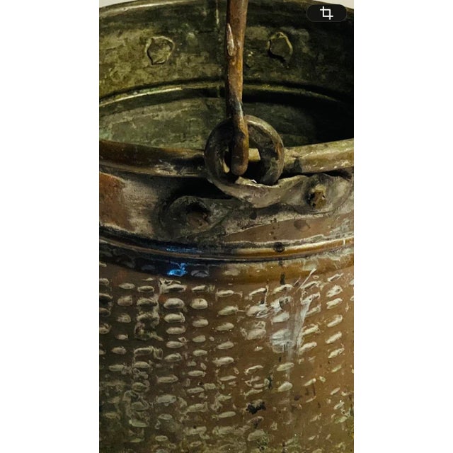 Antique Middle Eastern Copper With Tin Overlay Bucket Elaborate Etched Pattern Solid Iron Loop Handle Ending With Serpent Heads For Sale - Image 11 of 12