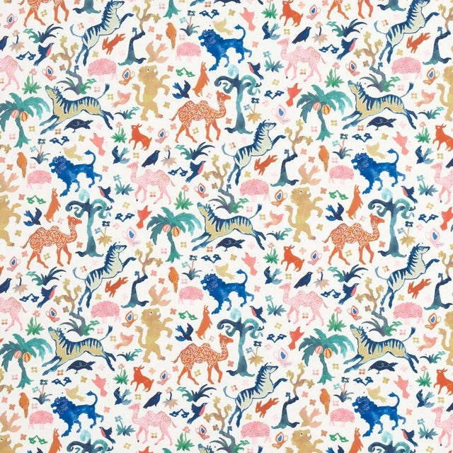 Schumacher x Happy Menocal Beasts Indoor/Outdoor Fabric in Multi on Ivory For Sale