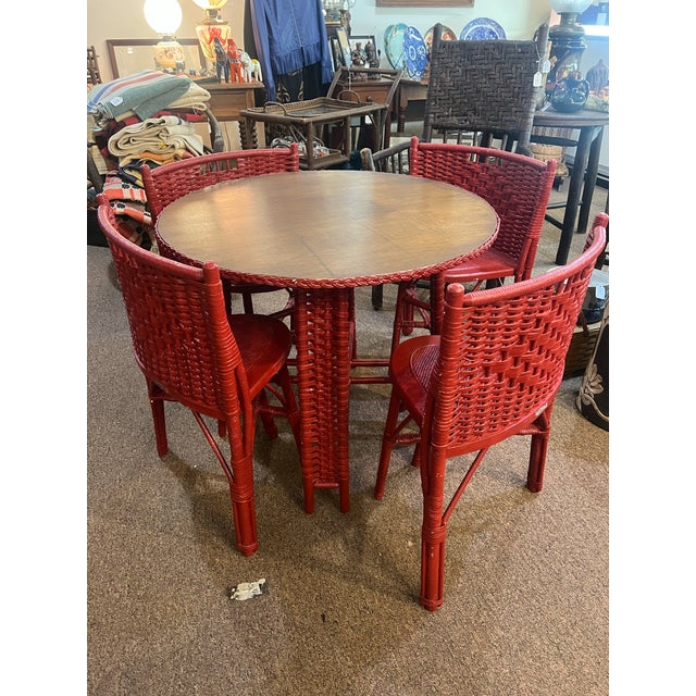 1950s Heywood Wakefield Petite Round Red Dining Wicker Set For Sale - Image 6 of 8