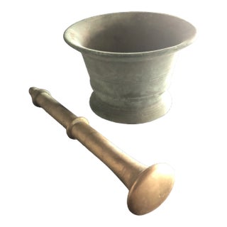 Antique Brass Apothecary Patinaed Mortor and Pestle - 2 Pieces For Sale