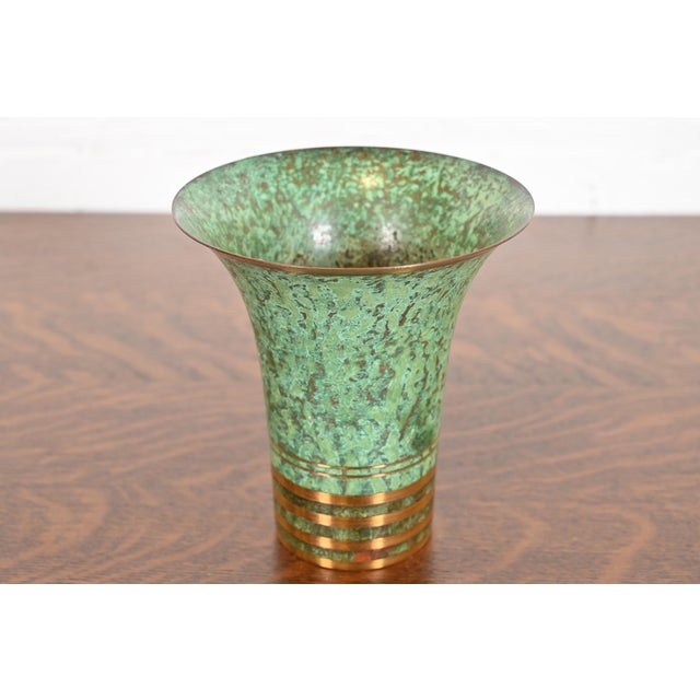 A beautiful Art Deco or Arts & Crafts period verdigris bronze trumpet vase By Carl Sorensen USA, Early 20th Century...