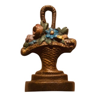 Antique Cast Iron Floral Basket Doorstop - Hand-Painted, Circa 1900 For Sale