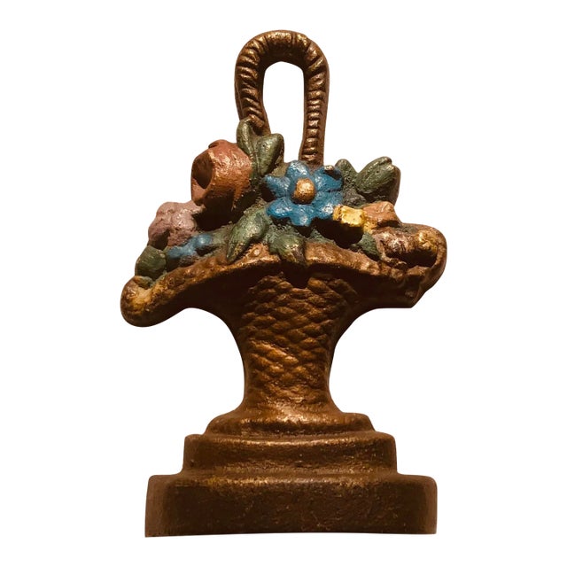 Antique Cast Iron Floral Basket Doorstop - Hand-Painted, Circa 1900 For Sale