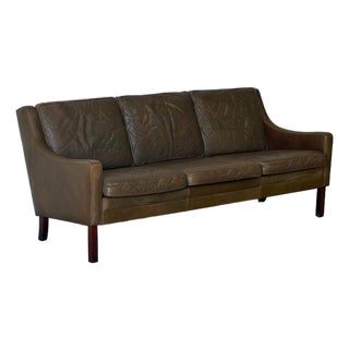 Brown Leather 3 Seater Sofa With Tapered Wood Legs Vintage Mid-Century Modern 1970s For Sale