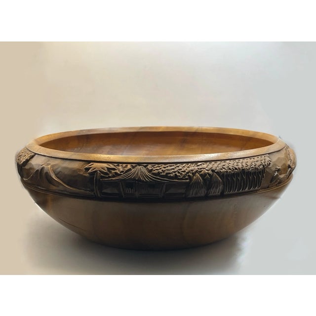 Rustic Mid 20th Century Hand Carved Wooden Bowl & Serving Utensils For Sale - Image 3 of 12