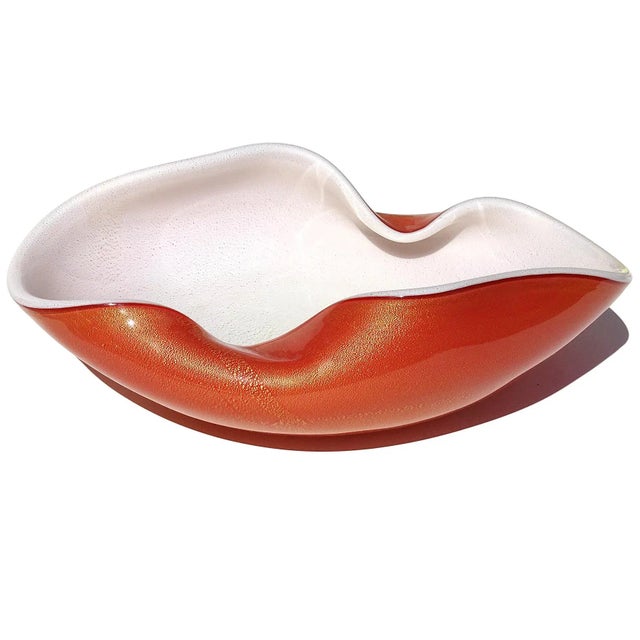 Glass Vintage Murano Barbini Persimmon Orange White Gold Flecks Italian Art Glass Centerpiece Fruit Bowl For Sale - Image 7 of 12