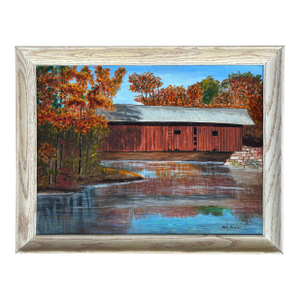 1970s Vintage Impressionist Lancaster County PA Oil Painting of a Covered Bridge, Framed
