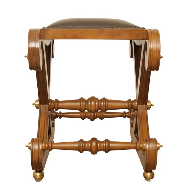 High Quality Walnut Finish Carved Wood X-Base and Partial Gilt Frame Stool with Leatherette Seat H: 19.50” high x 26.50”...