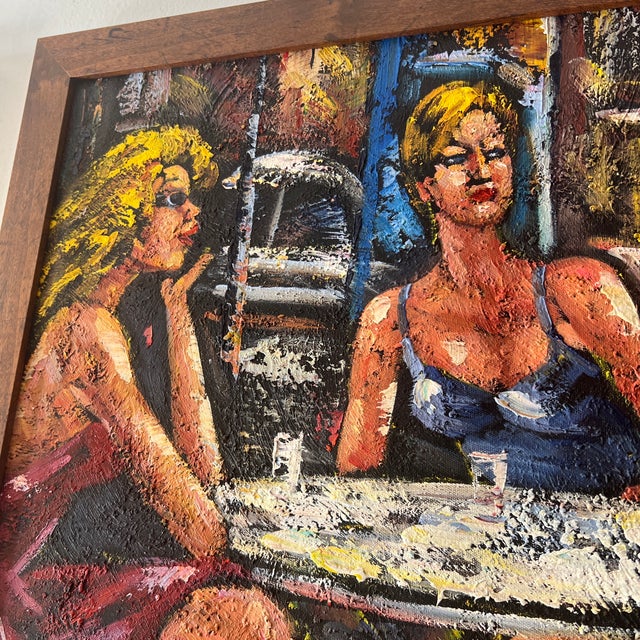 Figurative 1980s Oil on Board American School Modern Figurative Framed Signed Titled at the Club For Sale - Image 3 of 10