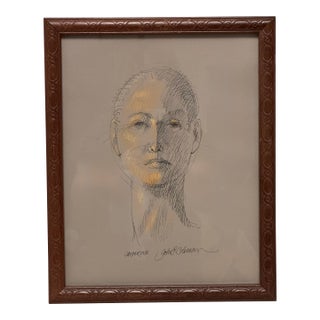 Vintage Mid-Century Modern Female Portrait Original Pen and Ink Pastel Drawing by John P. Coleman For Sale
