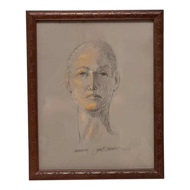 Vintage Mid-Century Modern Female Portrait Original Pen and Ink Pastel Drawing by John P. Coleman For Sale