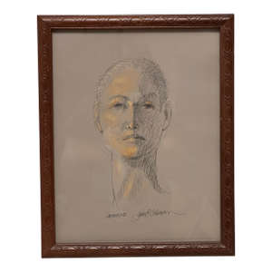 Vintage Mid-Century Modern Female Portrait Original Pen and Ink Pastel Drawing by John P. Coleman