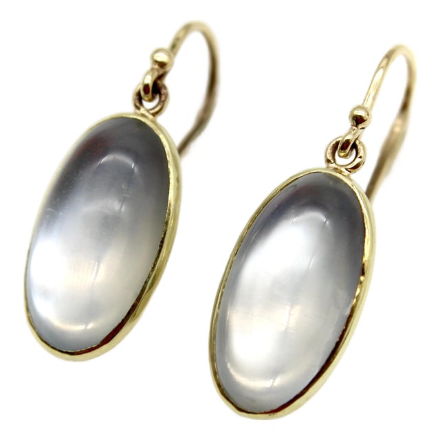 1900-1909 Pair of Signature 14k Gold Moonstone Cabochon Earrings With Shepherd Hooks For Sale