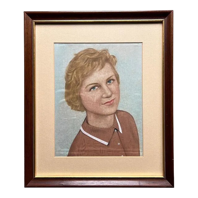 Mid Century Modern Framed Portrait Painting of a Woman in Blue and Pink For Sale