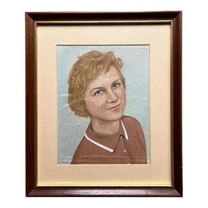 Mid Century Modern Framed Portrait Painting of a Woman in Blue and Pink