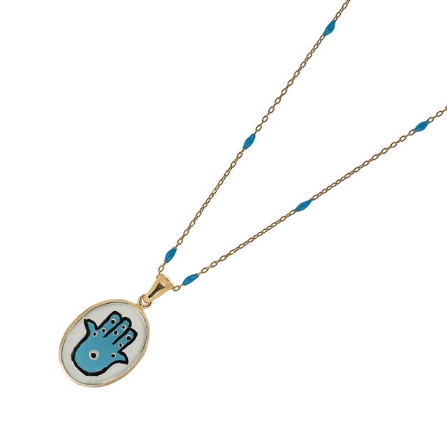 Contemporary Hamsa Hand Good Fortune Turquoise Pendant Gold Chain Necklace For Sale - Image 3 of 7