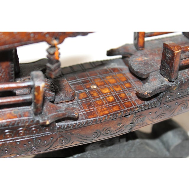 Antique Early 1900s Chinese Dragon Boat Figurine With Pagoda Detail and Bone Inlay For Sale - Image 12 of 16