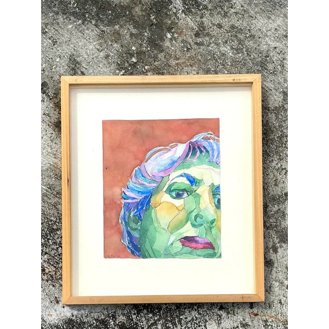 Wood Vintage Boho Original Watercolor Portrait on Paper For Sale - Image 7 of 9
