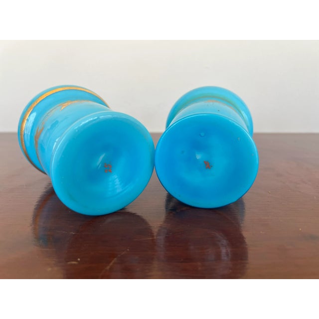 Blue Pair, French Opaline & Gilt Decorated Vases For Sale - Image 8 of 9