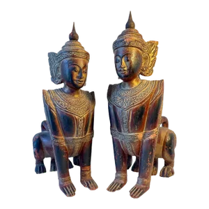 Early 19th Century Cambodian Lion Kinnara Carved Lama Tempel Guardian Statues - a Pair