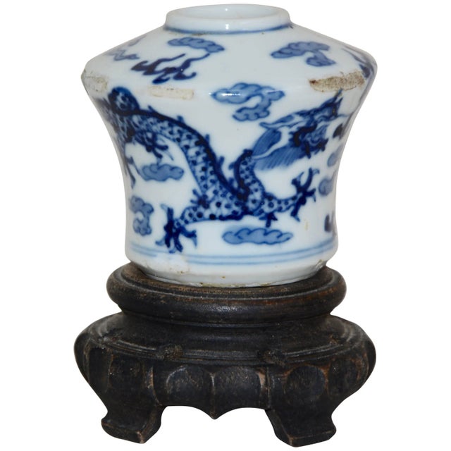 Blue and White Asian Ceramic Art Piece With Wooden Stand For Sale - Image 12 of 12
