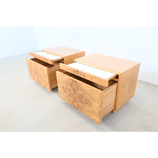 Wood Milo Baughman Style Mid-Century Burl Wood Nightstands by Lane Furniture, Pair | Newly Refinished For Sale - Image 7 of 14