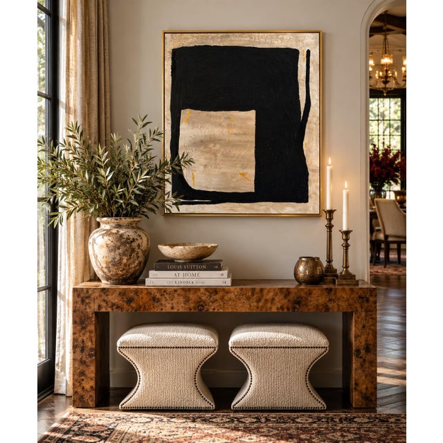 Textile Original Modern Abstract Black & Neutral Painting With Gold Frame – 24” X 20” by Artist "Marek" For Sale - Image 7 of 9